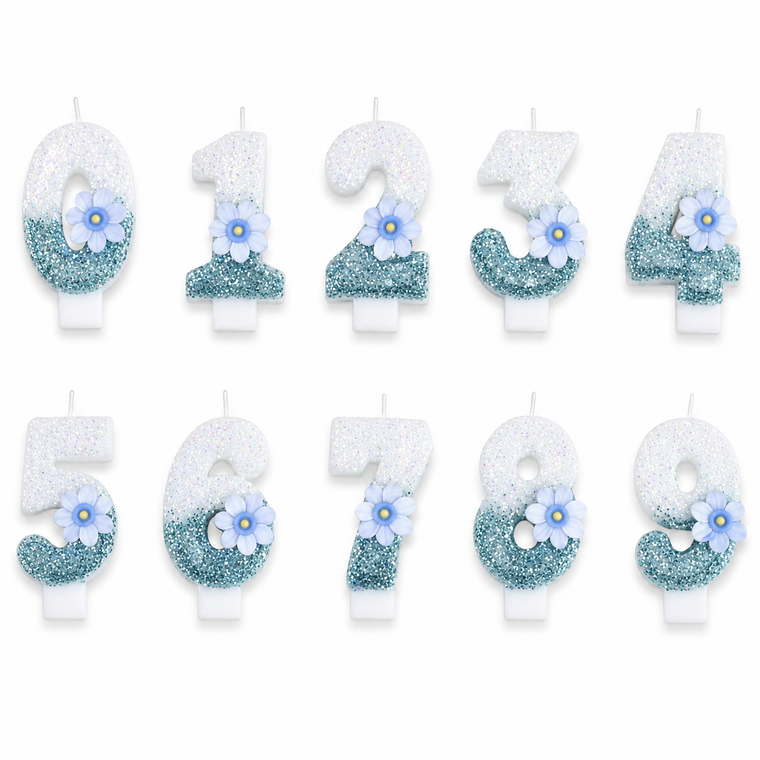 Partyhub Blue Floral Glitter Candles | BFLR | Pack 1