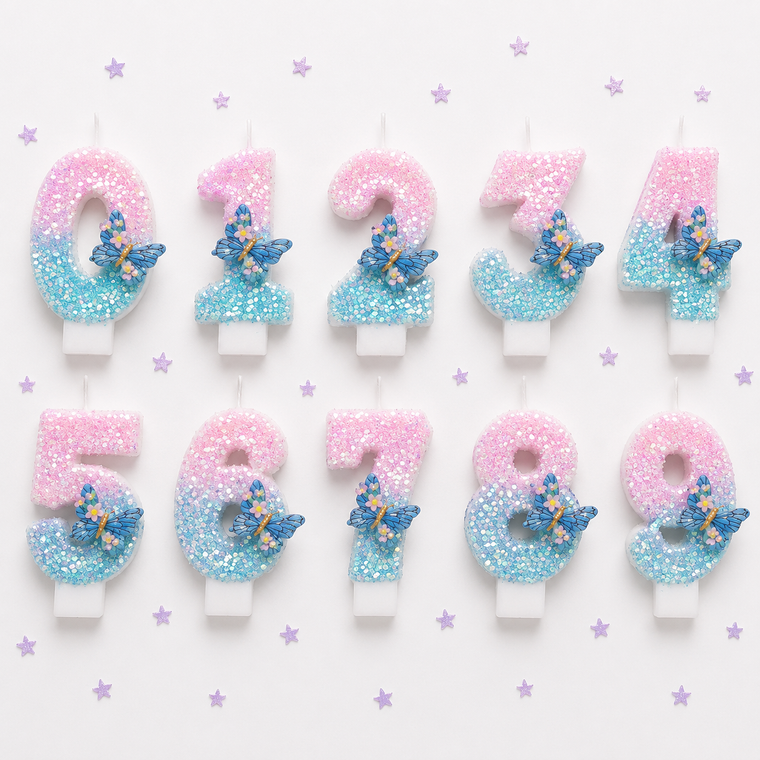Partyhub Blue Butterflies Glitter Candles | BFL | Pack 1