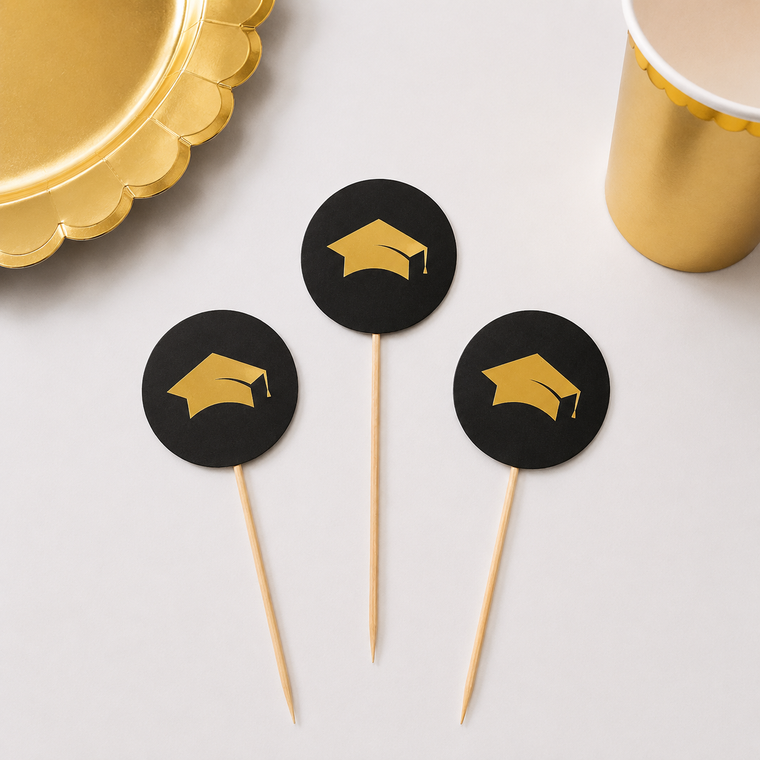 Parttyhub graduation party gold cupcake toppers