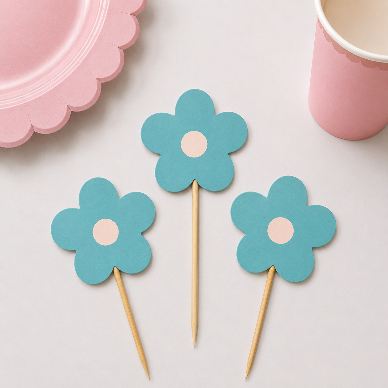 Parttyhub soft teal flower cupcake topper