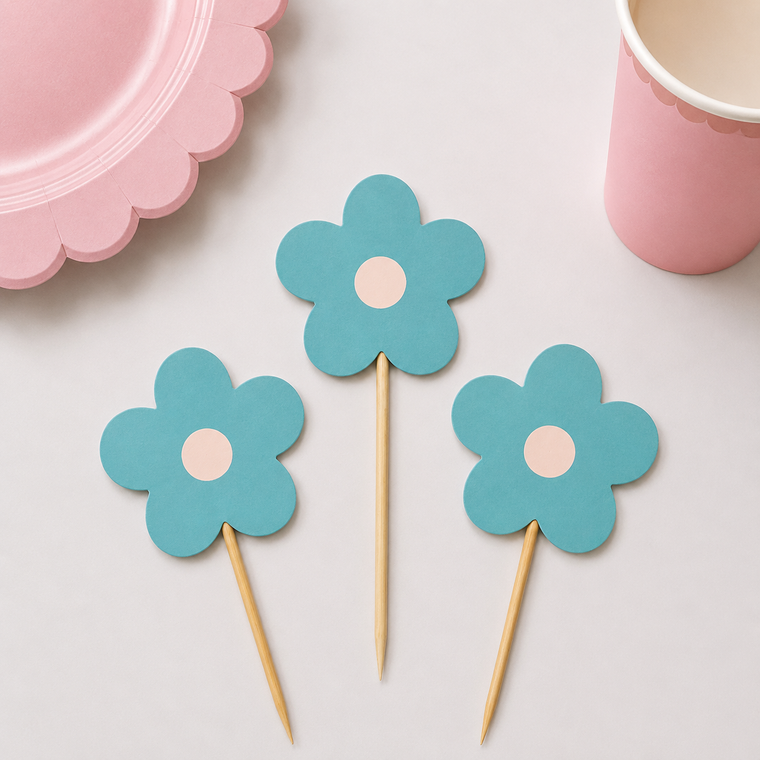 Parttyhub soft teal flower cupcake topper