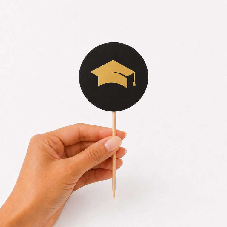 Parttyhub graduation party gold cupcake toppers