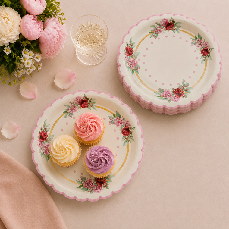 Parttyhub dots & roses pink dessert plates | DRS | Pack 8