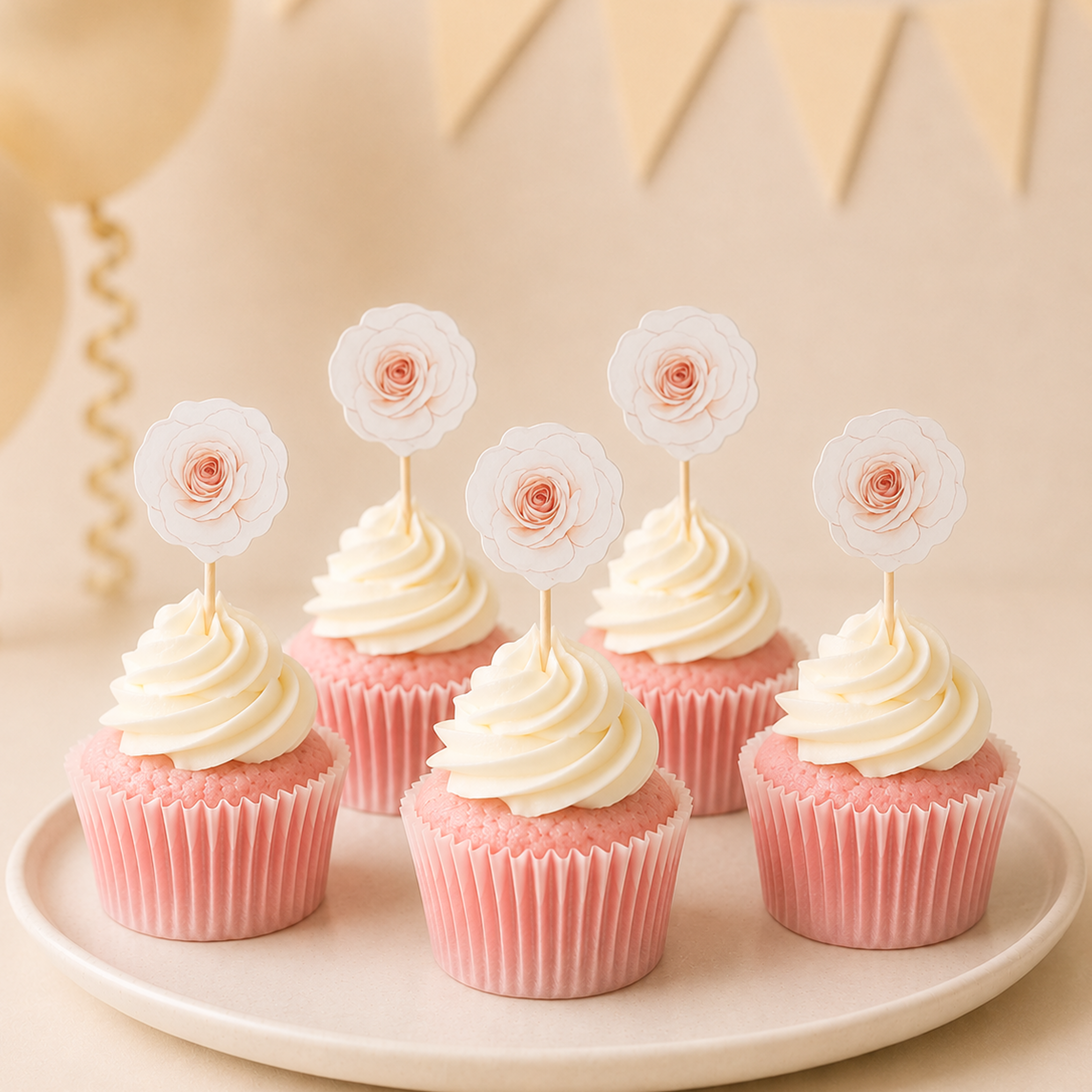 Parttyhub soft white rose cupcake topper