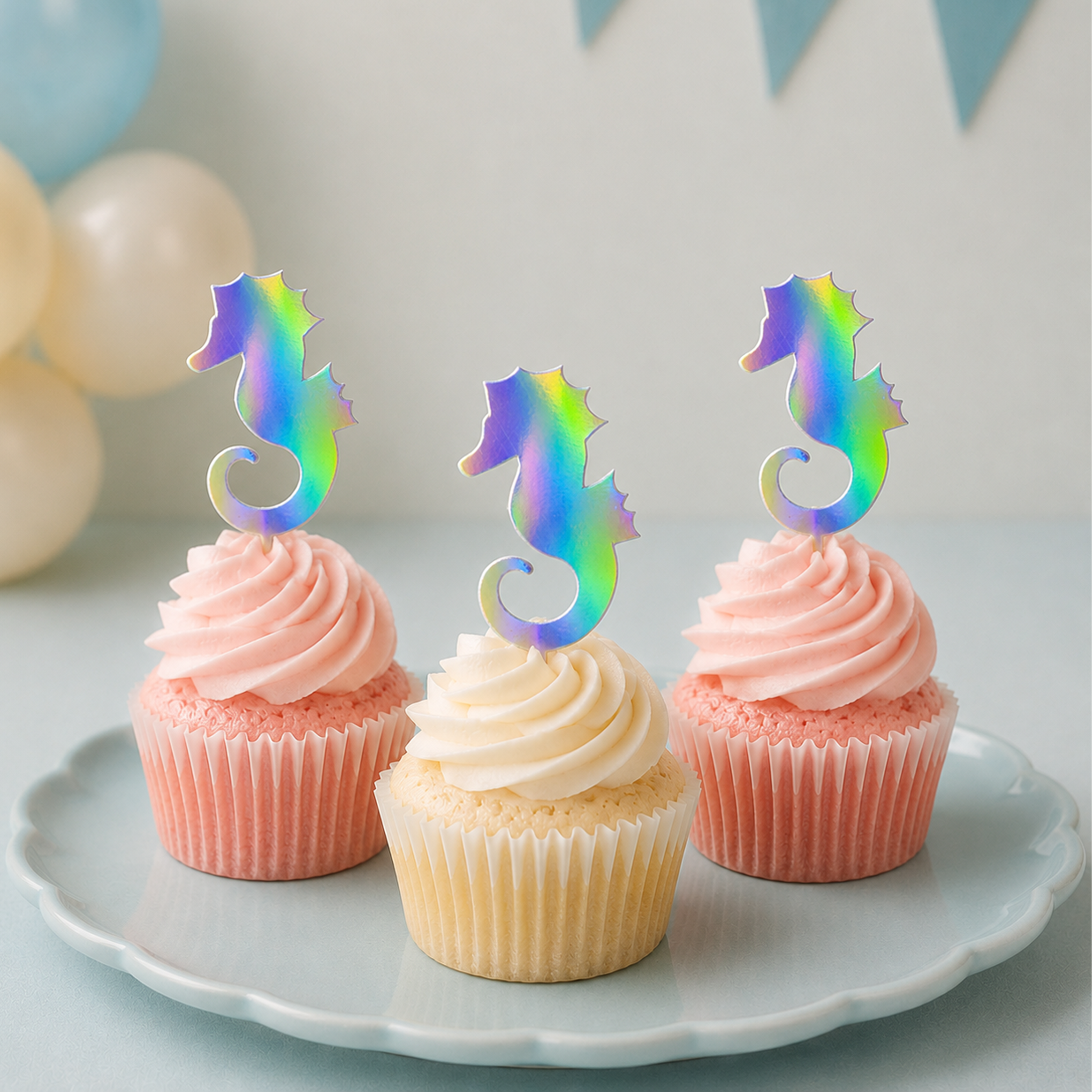 Parttyhub seahorse iridescent cupcake topper