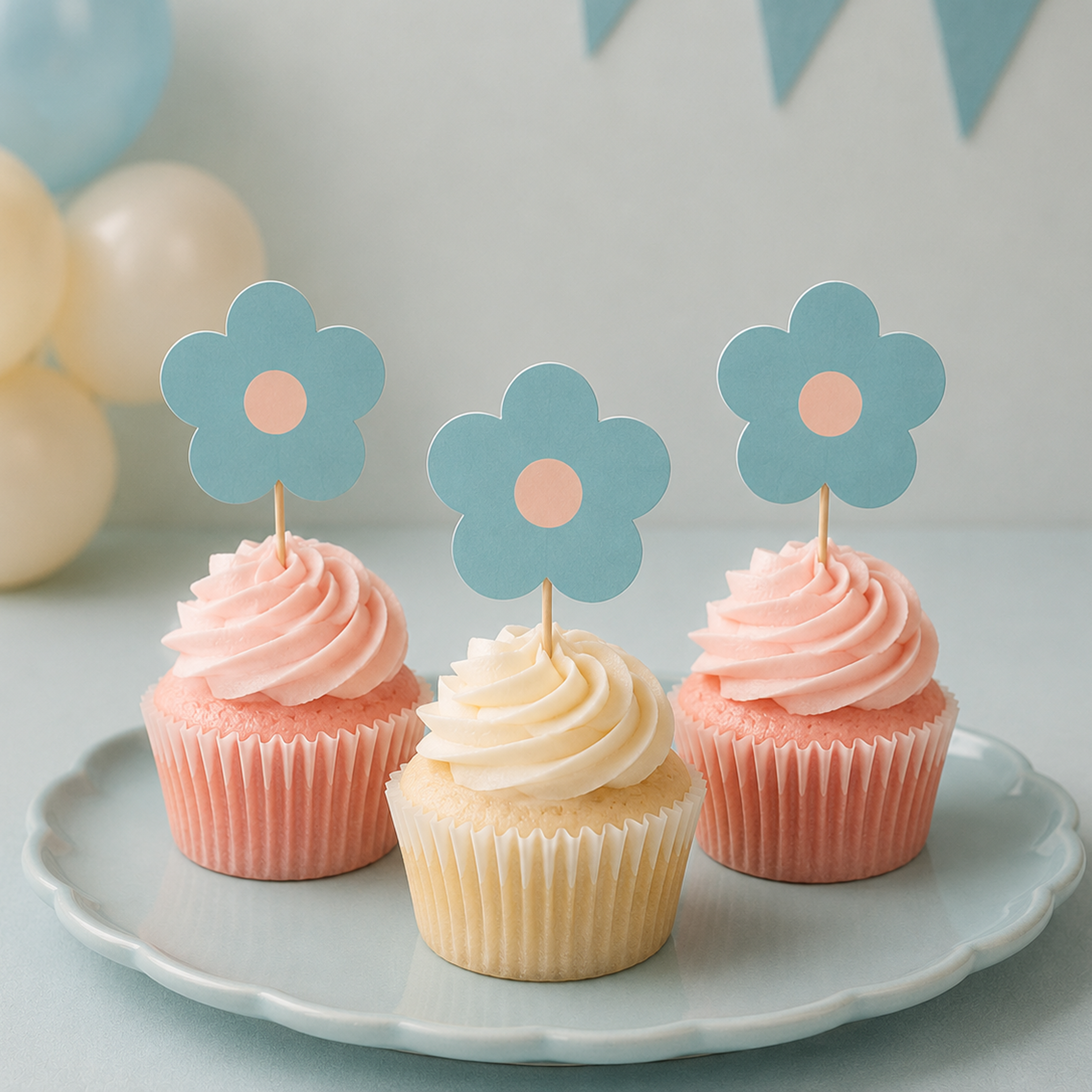 Parttyhub soft teal flower cupcake topper