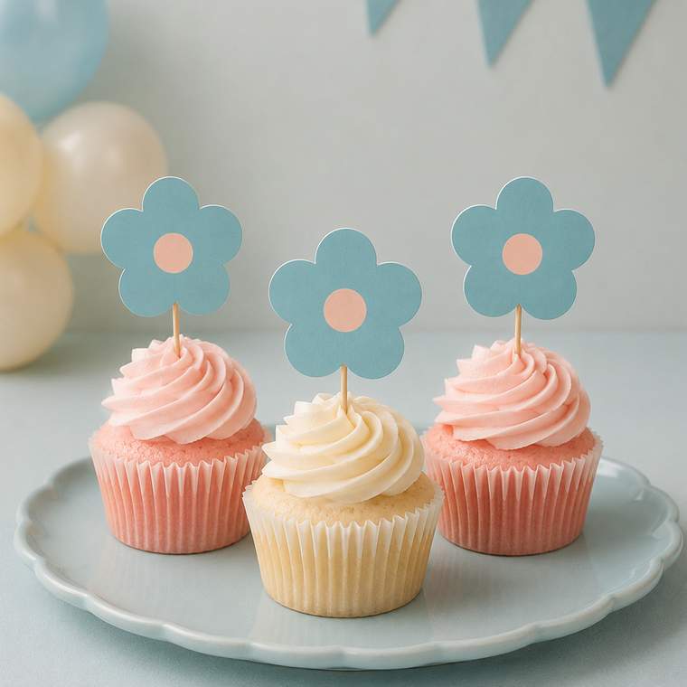 Parttyhub soft teal flower cupcake topper