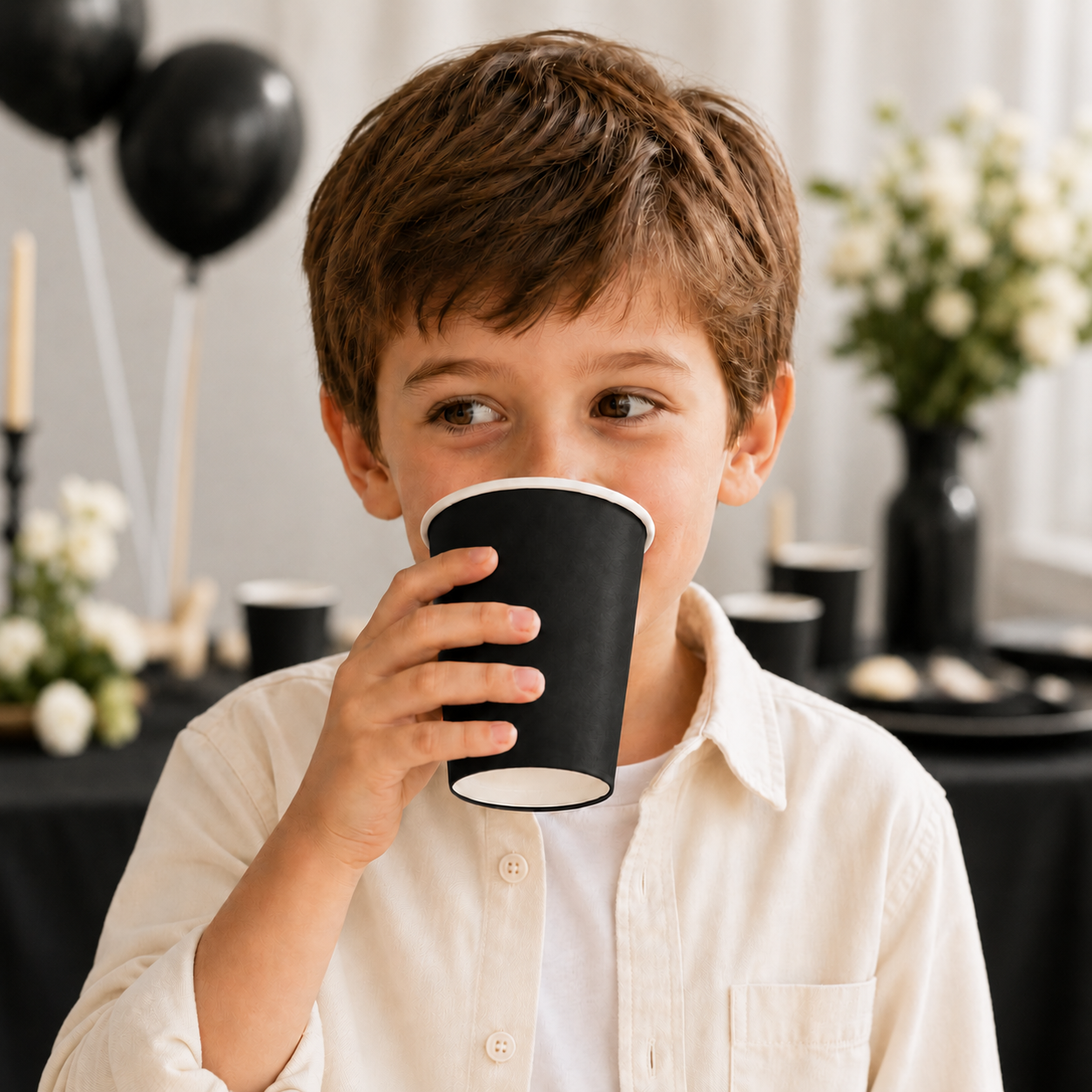 A young boy with brown hair wearing a cream-colored button-up shirt is holding a black paper cup to his mouth in a party setting with black balloons and floral decorations in the background.