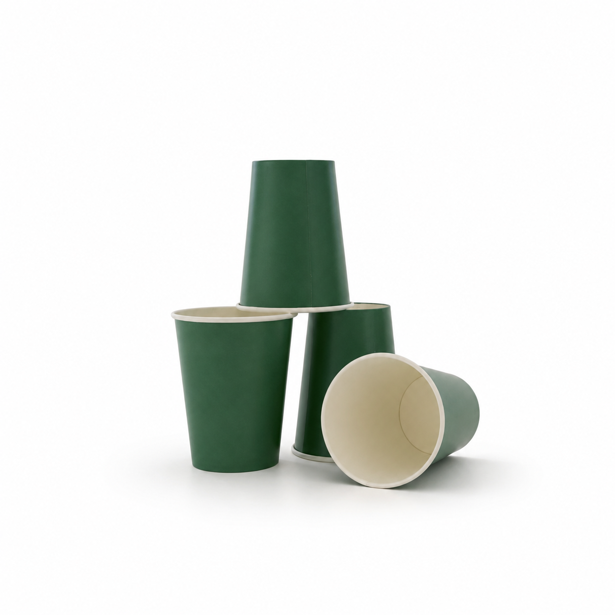 Three dark green paper cups with cream-colored interiors, arranged on a clean white background.