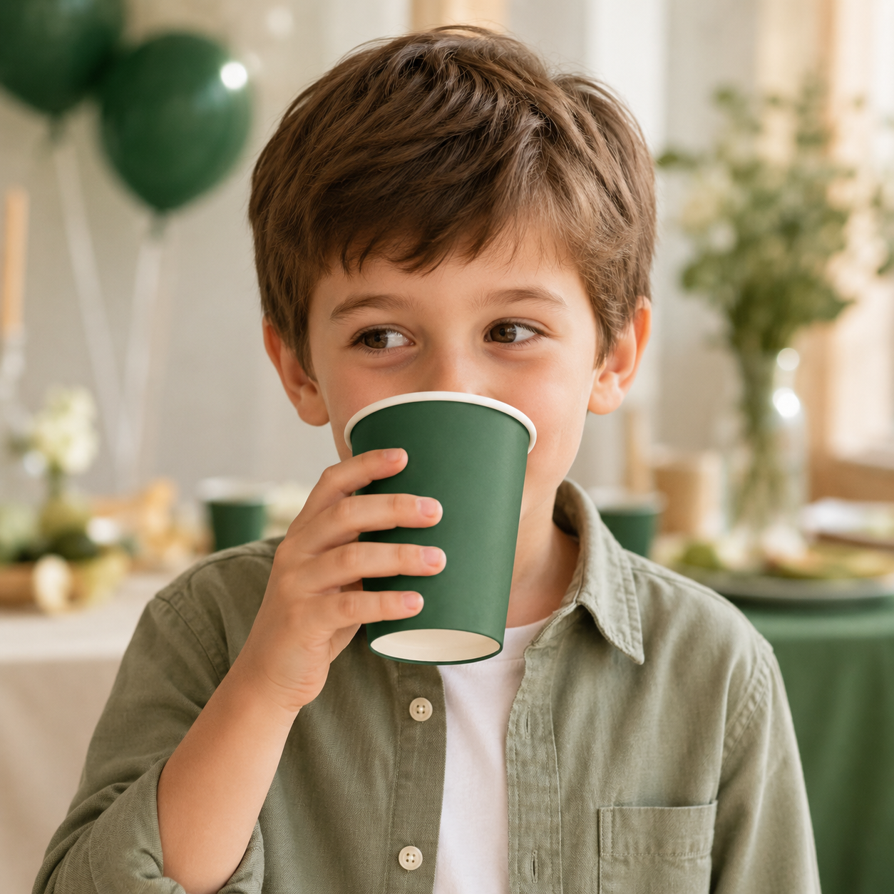 A young boy with brown hair wearing a sage green button-up shirt and white undershirt, holding a dark green paper cup to his mouth in a softly lit party setting with balloons in the background.