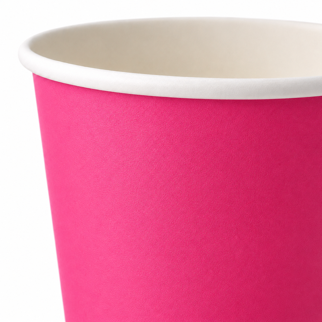 A close-up of a hot pink paper cup with a white rim, shown against a plain white background.