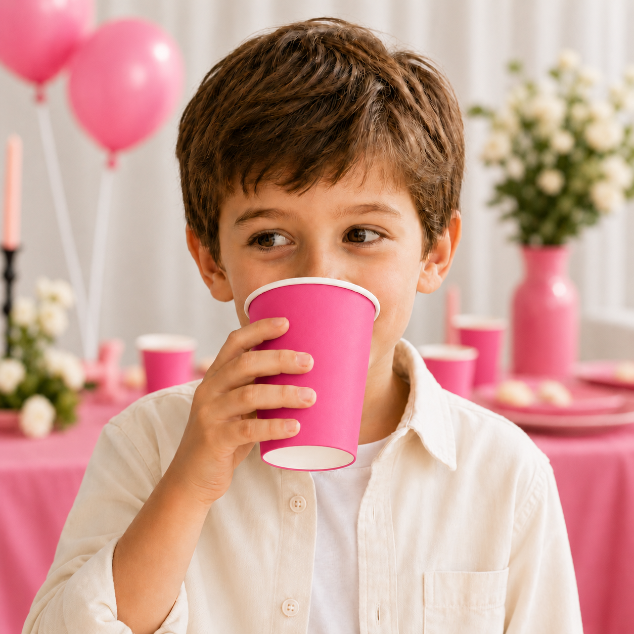 A young boy with brown hair wearing a white button-up shirt drinks from a hot pink paper cup at a party table decorated with pink balloons, flowers, and a pink tablecloth.
