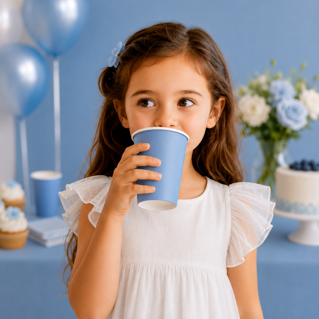 A young girl with long brown hair wearing a white ruffled dress holds a light blue paper cup to her mouth at a birthday party. The background features a blue table, balloons, flowers, and a decorated cake.