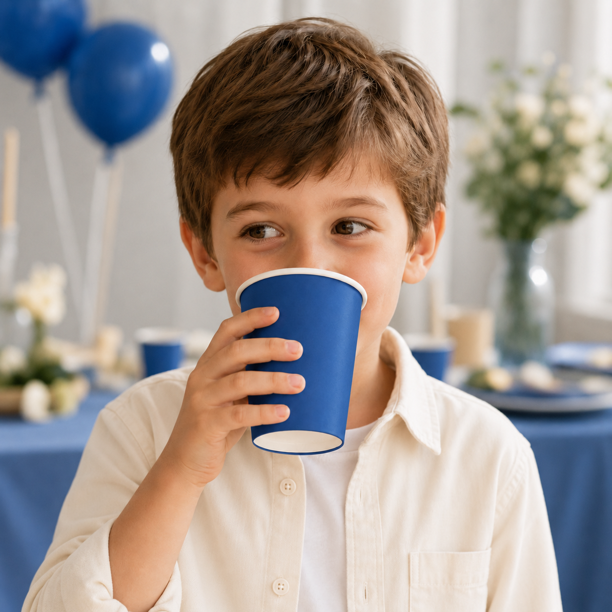 A young boy with brown hair wearing a cream-colored button-up shirt, holding a blue paper party cup to his mouth in a decorated party setting with blue balloons and a blue tablecloth in the background.