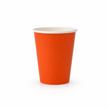 A single orange paper cup with a white interior rim, shown on a clean white background.