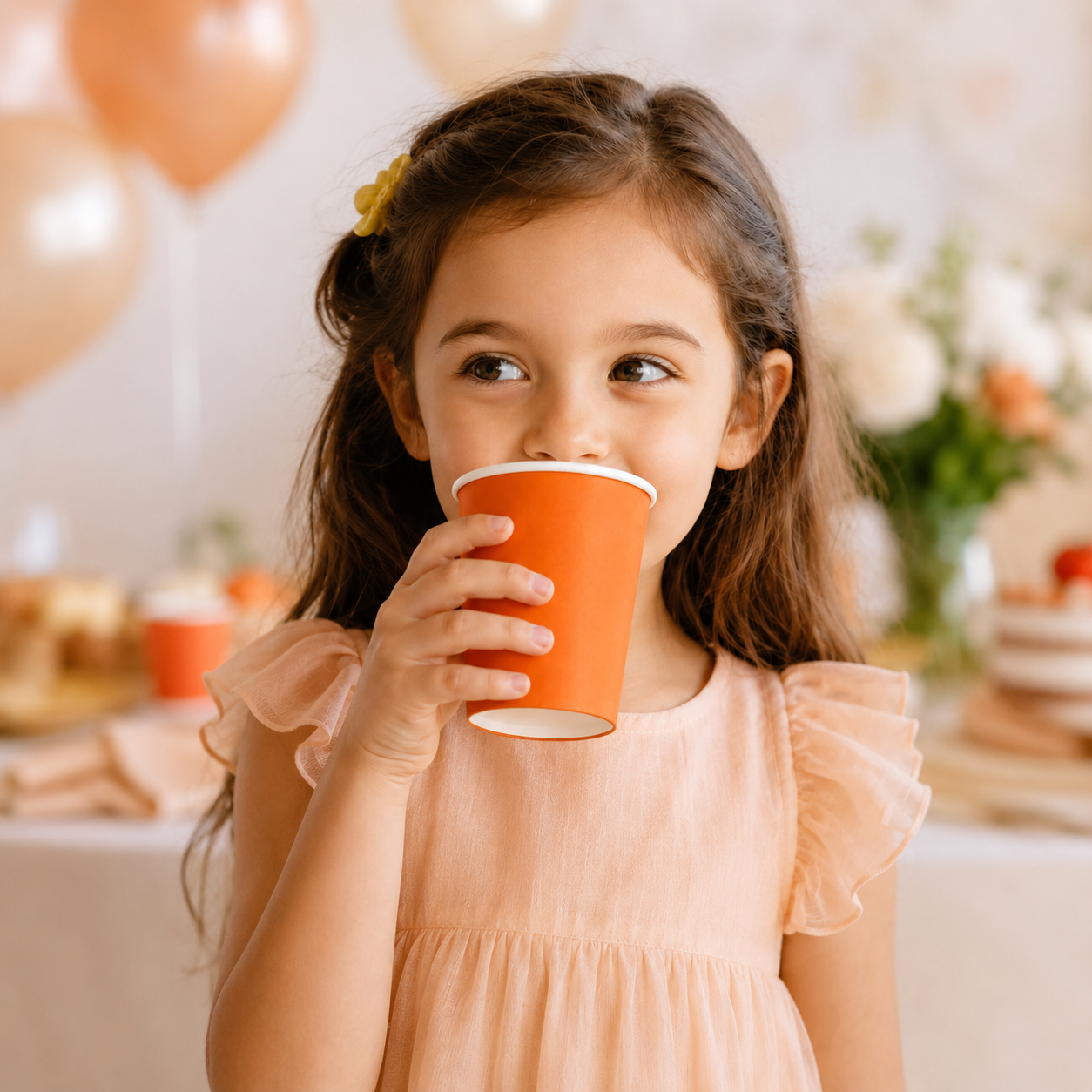 A young girl with brown hair wearing a peach ruffled dress holds an orange paper cup to her mouth in a softly lit party setting with balloons and table decorations in the background.