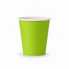 A single disposable paper cup in bright lime green with a white rim, shown on a clean white background.