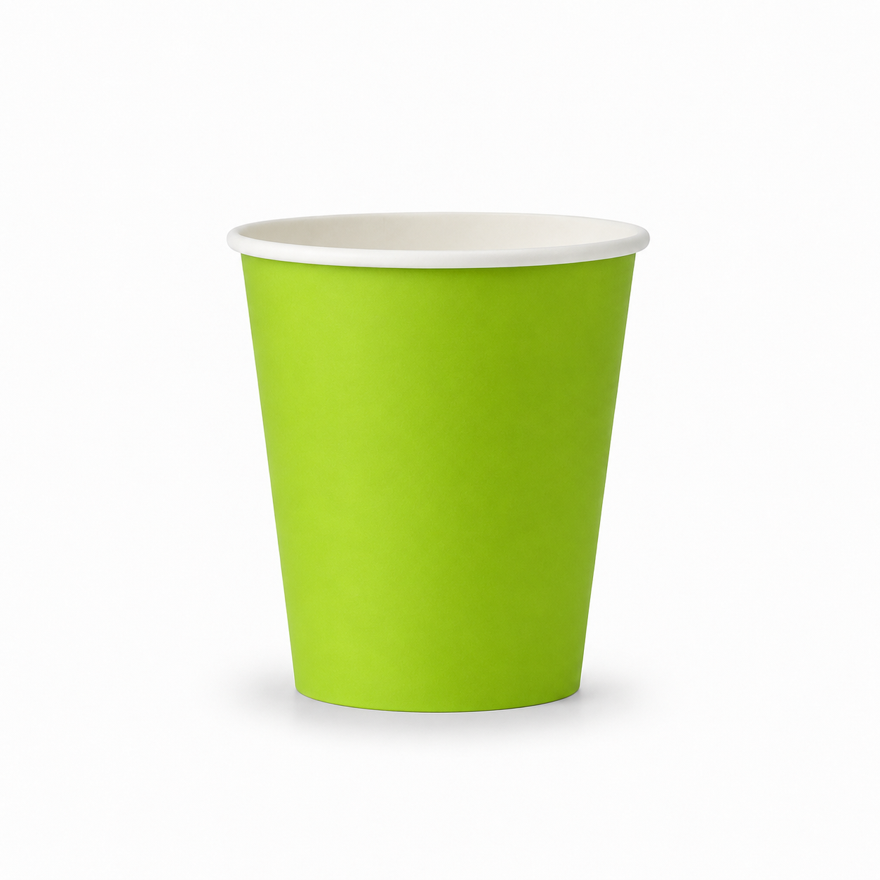 A single disposable paper cup in bright lime green with a white rim, shown on a clean white background.