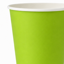 A close-up of a bright lime green paper cup with a white rim, shown against a plain white background.