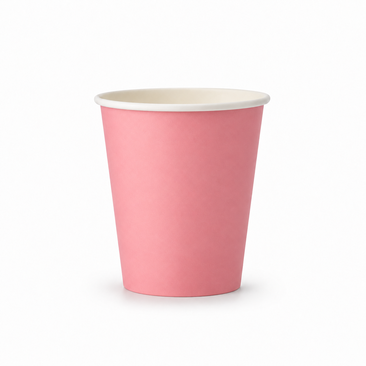 A single pink paper cup with a white inner rim, shown on a clean white background.