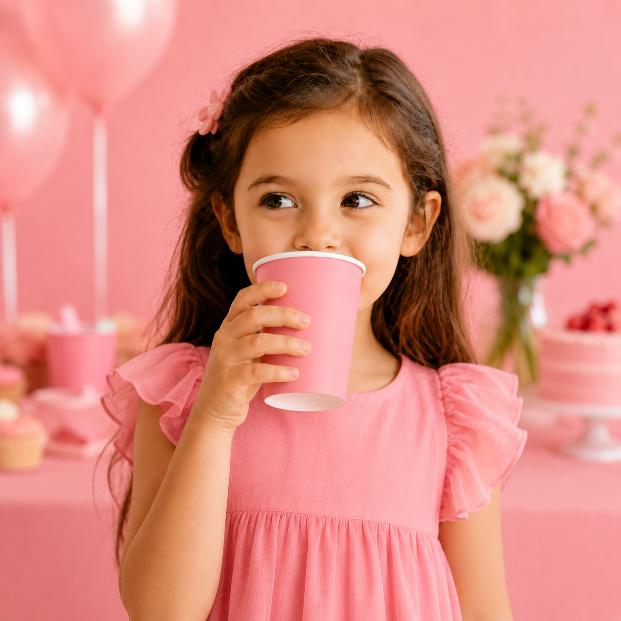 A young girl with long brown hair wearing a pink dress holds a pink paper cup to her mouth at a pink party table with balloons, cupcakes, and flowers in the background.