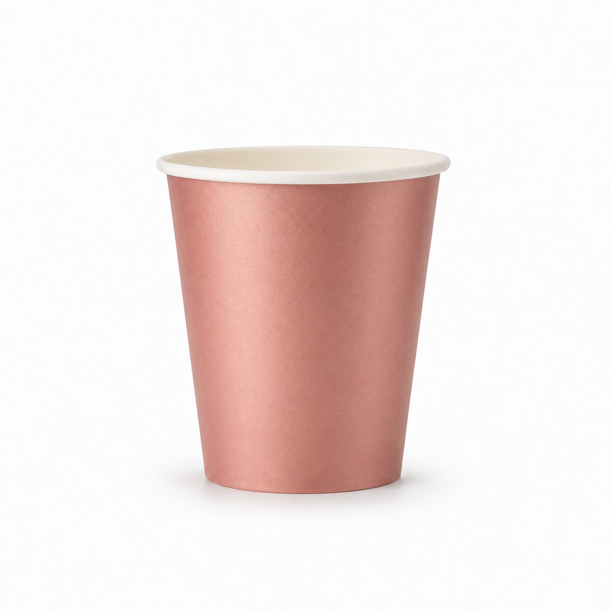 A single disposable paper cup with a metallic rose gold exterior and a white interior, shown on a clean white background.