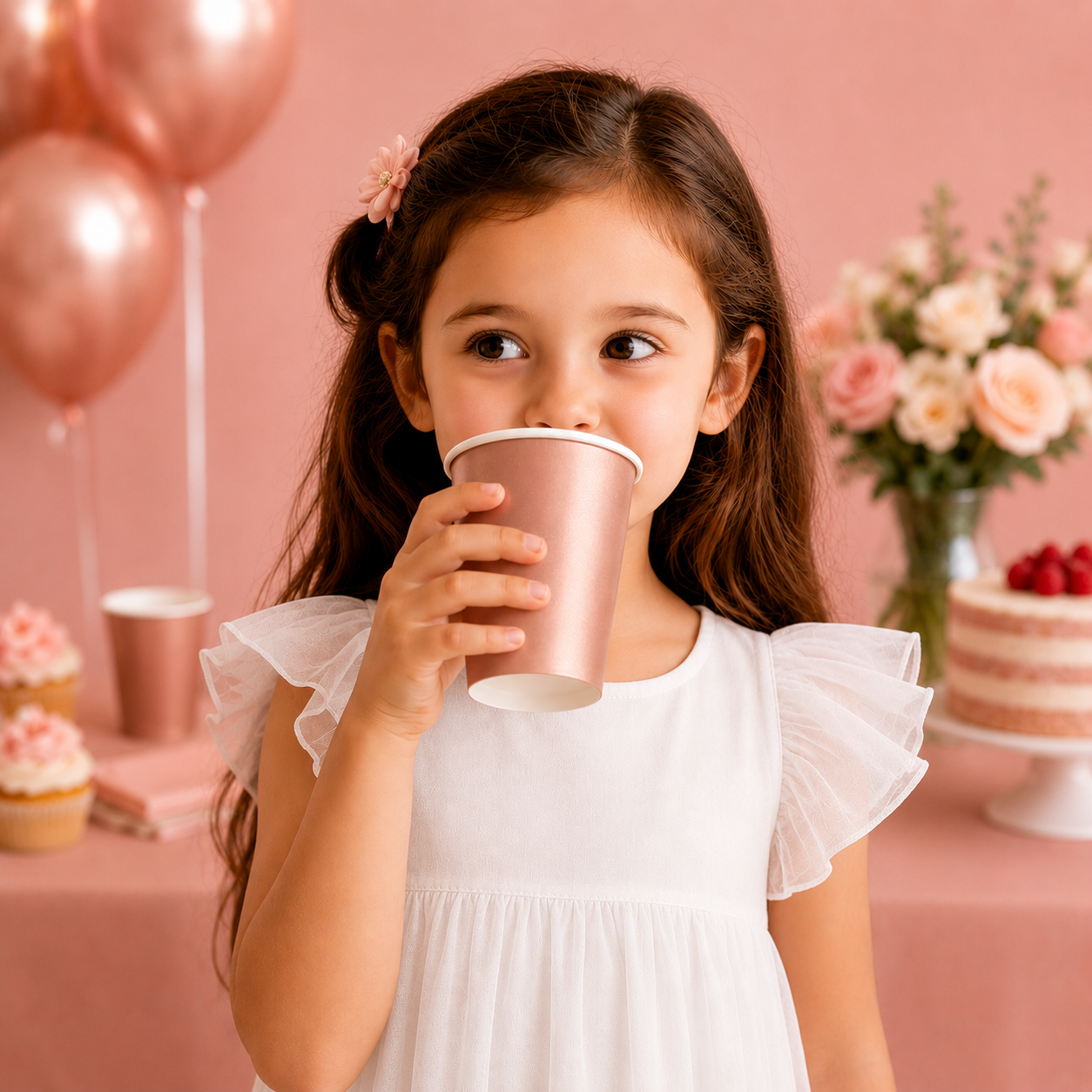 A young girl with long brown hair wearing a white ruffled dress is holding a metallic rose gold paper cup to her lips in a pink party setting with balloons, cupcakes, and a cake.
