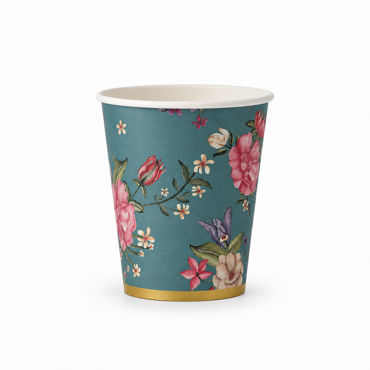 A single paper cup with a teal blue background and a colorful floral print featuring pink, red, purple, and white flowers with green leaves. The cup has a white interior and a metallic gold band at the base, shown on a clean white background.