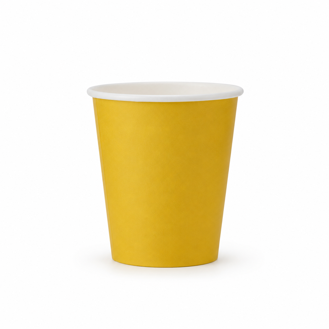 A single yellow paper cup with a white rim, shown on a clean white background.