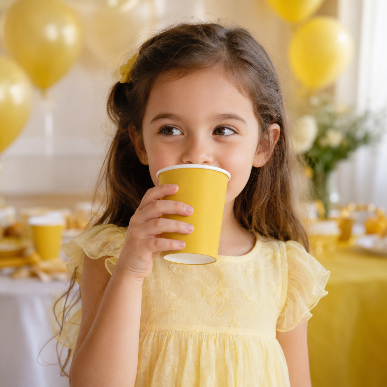 A young girl with brown hair in a yellow dress holds a yellow paper cup near her mouth, standing at a decorated party table with yellow balloons and yellow tableware.